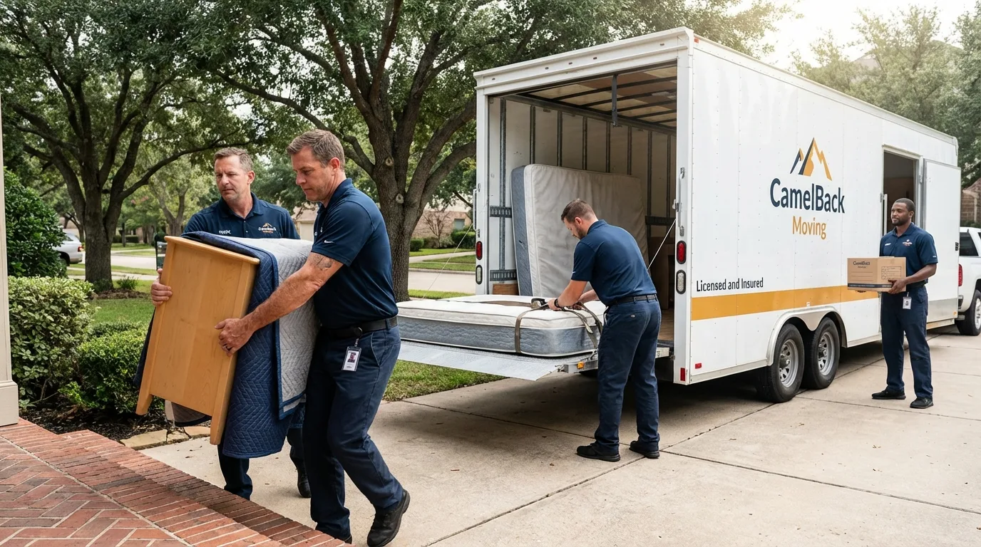 Crew loading residential truck for cross-state move from Tripoli, IA