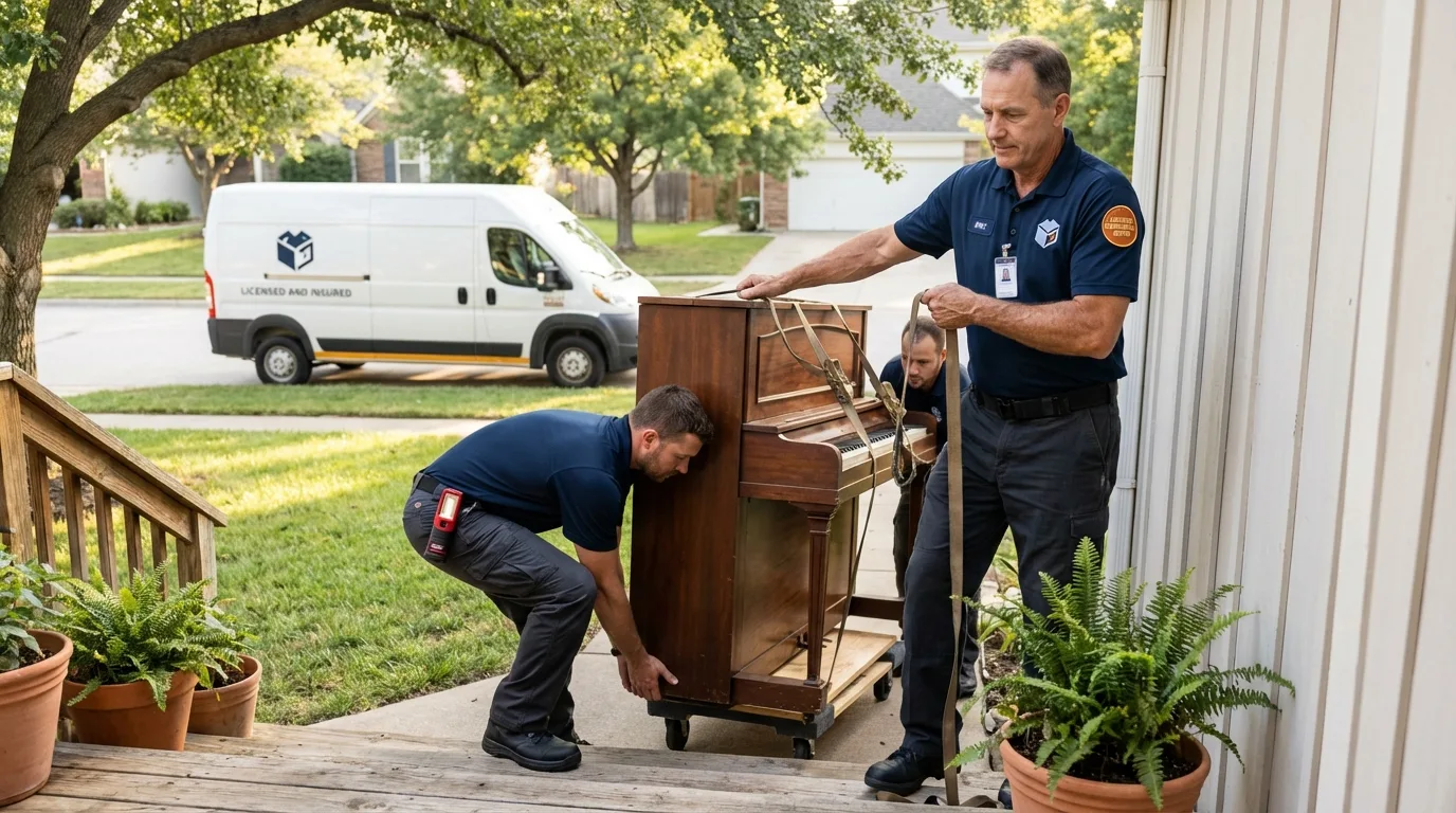 Licensed piano movers securing grand piano in Tripoli, IA