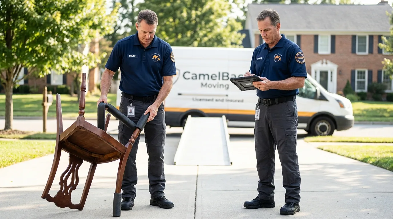 Movers inspecting furniture for damage prevention before loading in Tripoli, IA