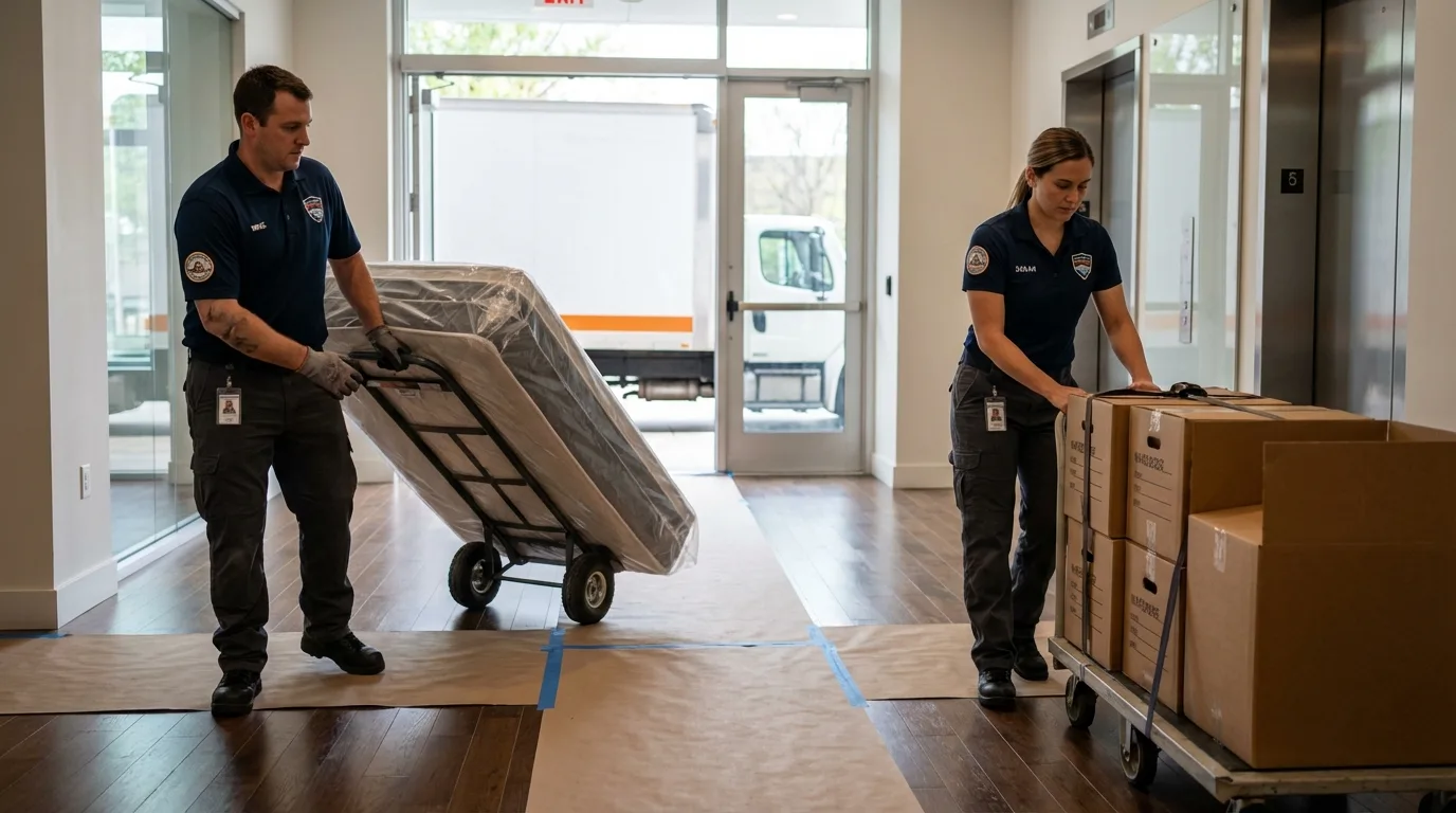 Professional apartment movers loading elevator in Tripoli, IA