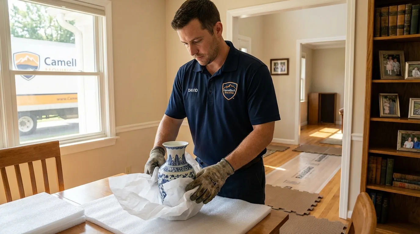 Professional crew carefully wrapping antique vase for senior downsizing move in Tripoli, IA