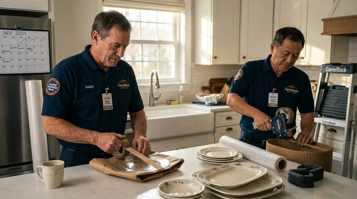 Professional crew packing kitchen dishware in Tripoli, IA